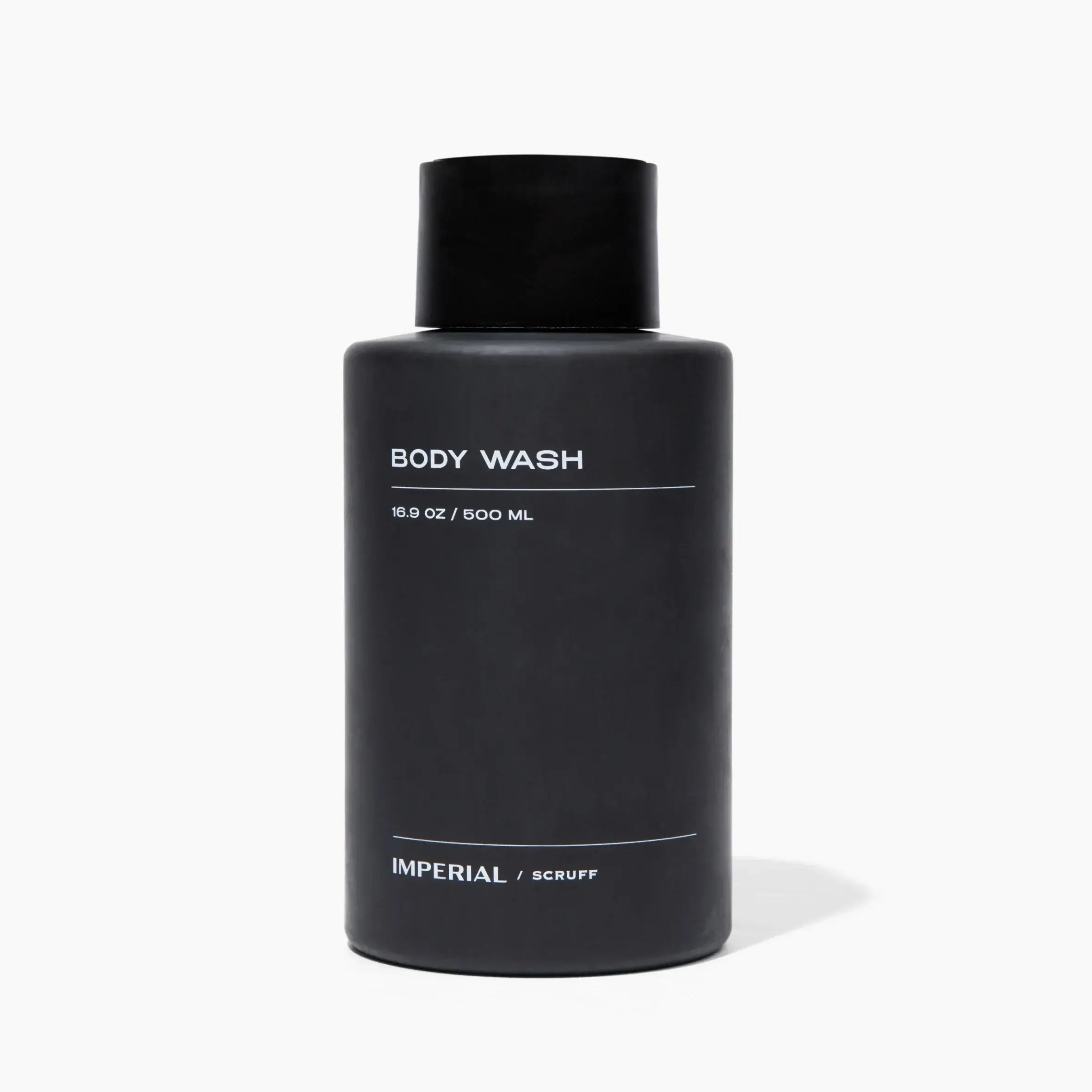 Black body wash bottle with 'Imperial Scruff' branding on a white background