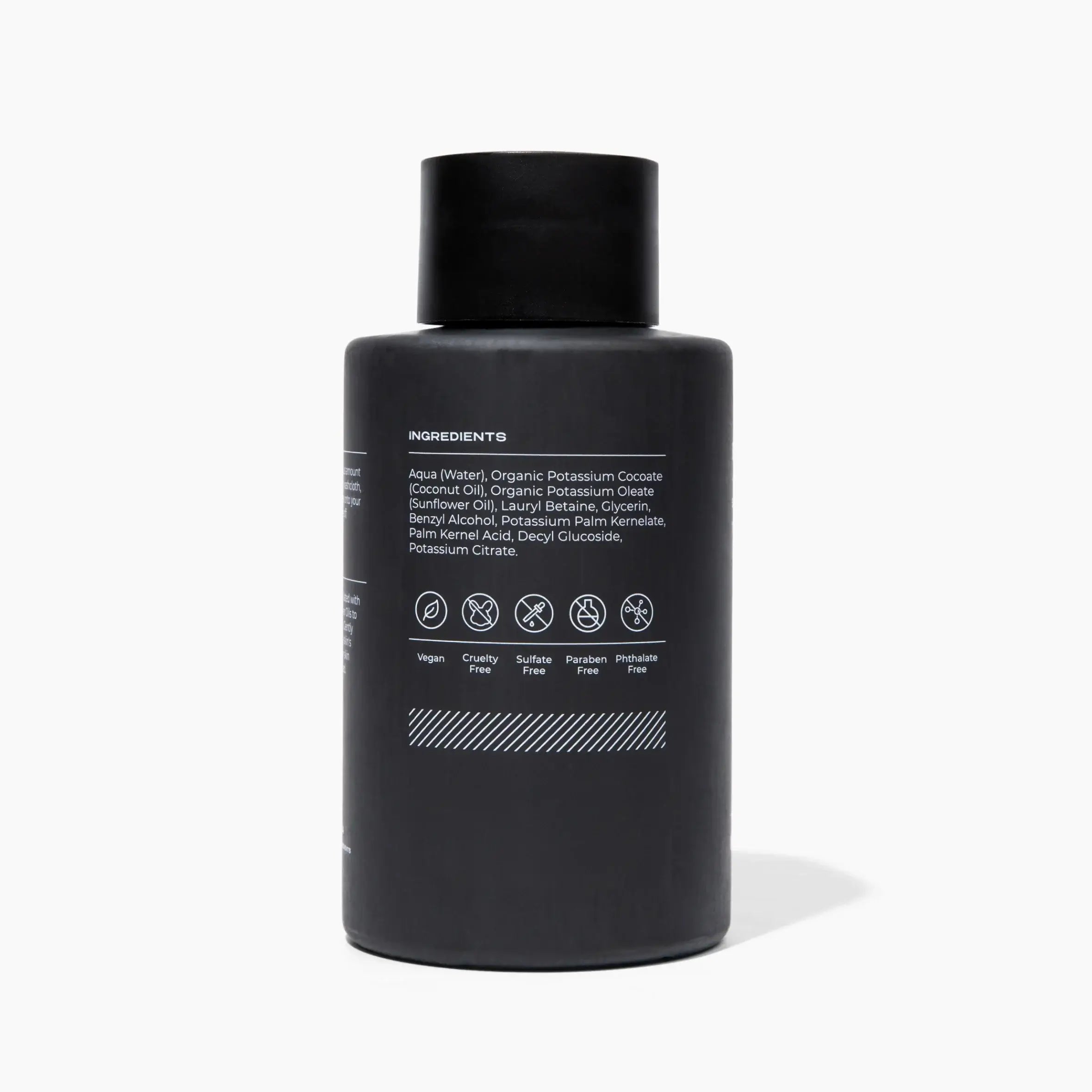 Black bottle with ingredient list on a white background