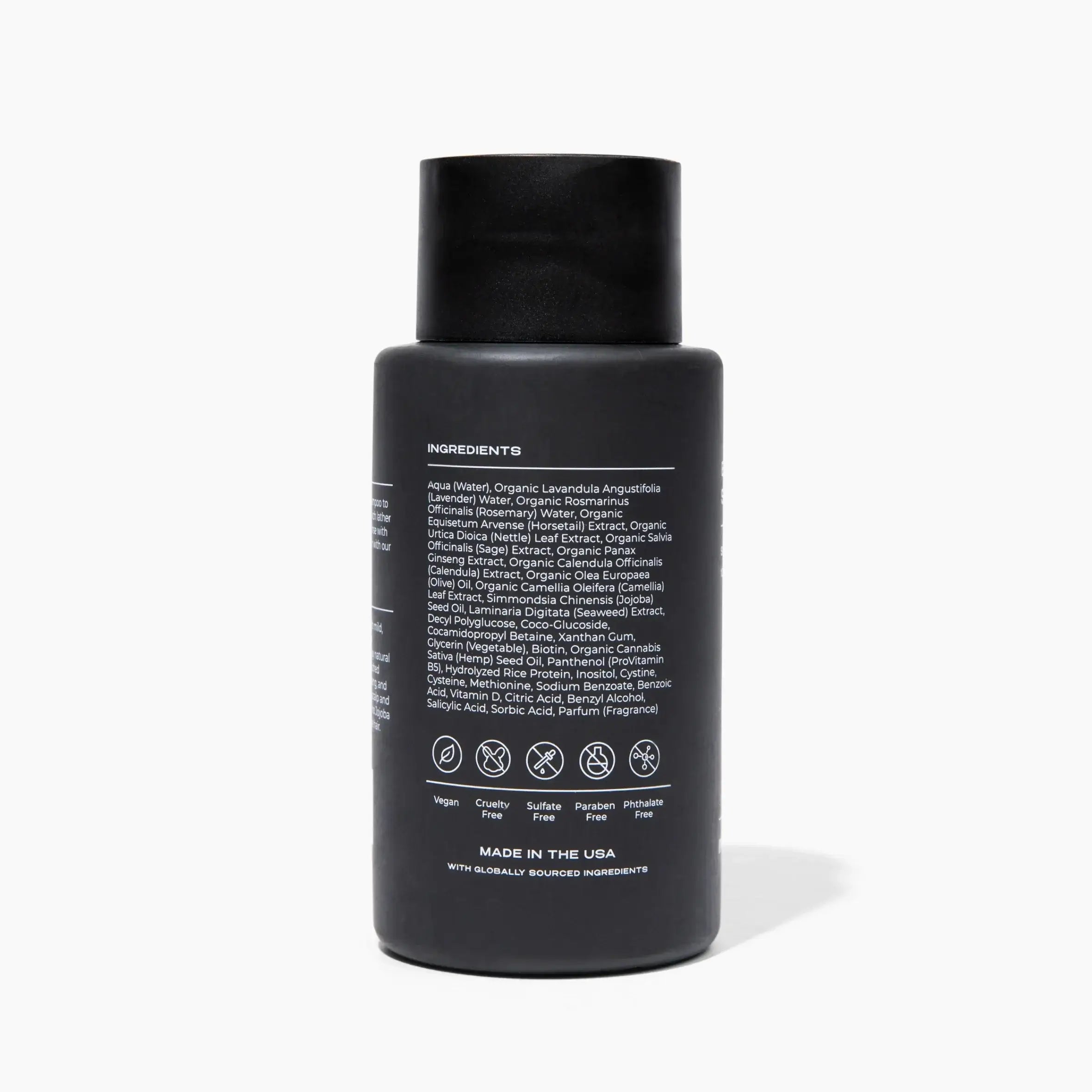 Black bottle with ingredient list on a white background