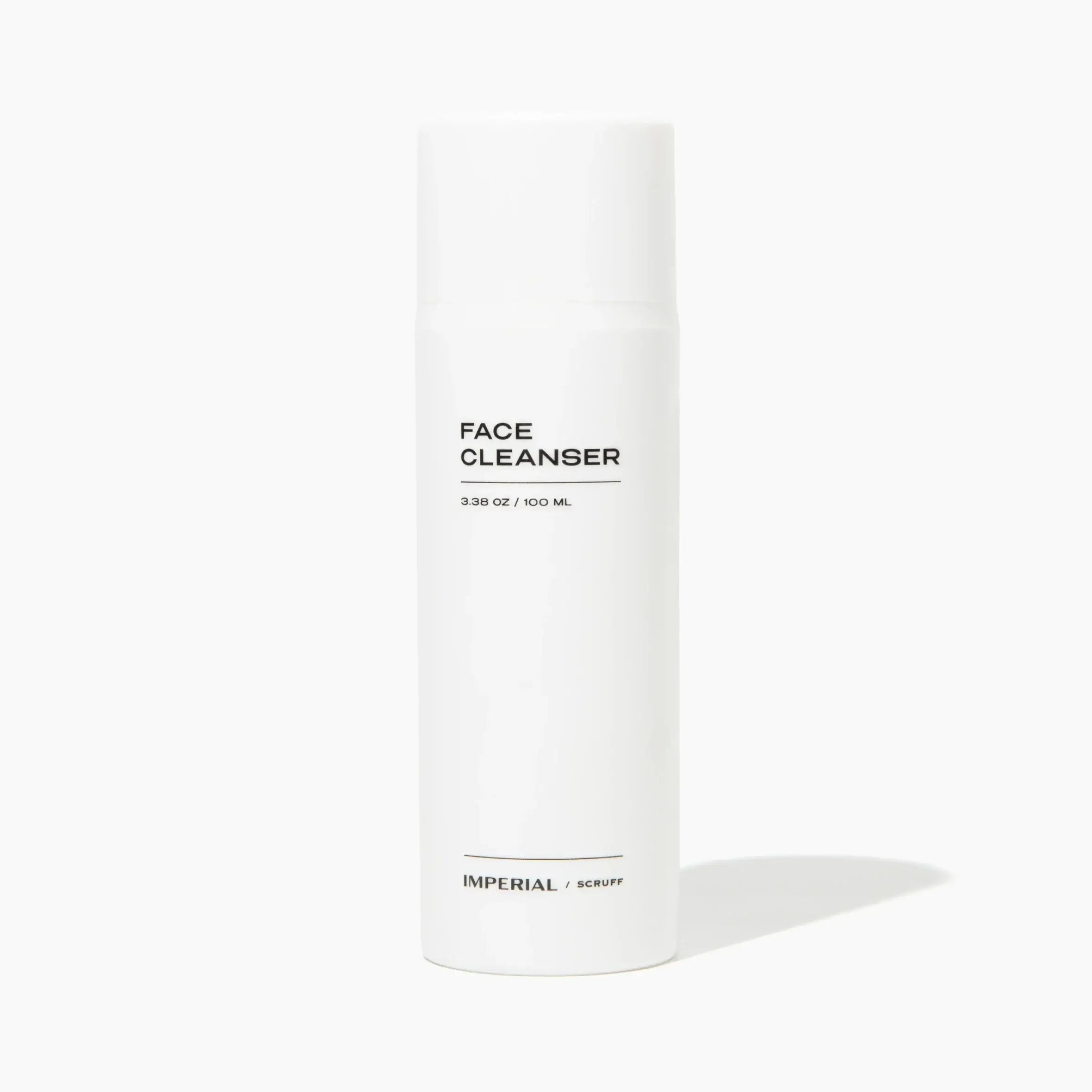 White bottle of Imperial Scruff face cleanser with black text on a white background