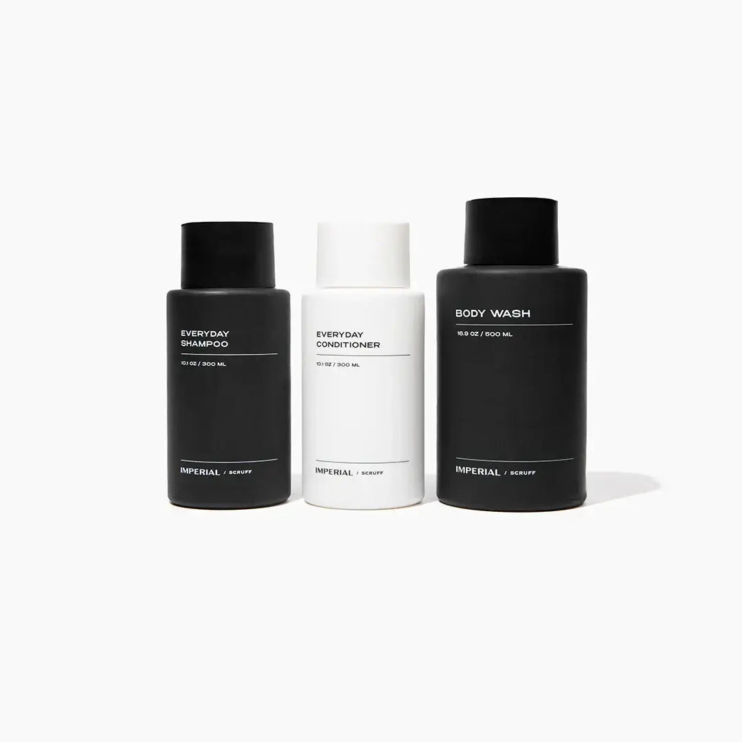 Three bottles of Imperial Scruff products on a white background