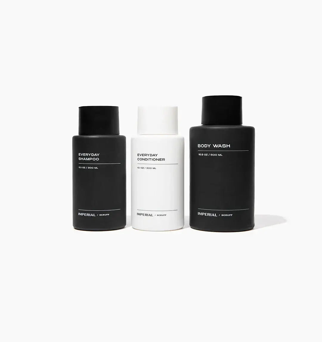 Three bottles of Imperial Scruff products on a white background