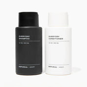 Black 'Everyday Shampoo' and white 'Everyday Conditioner' bottles by Imperial Scruff on a white background