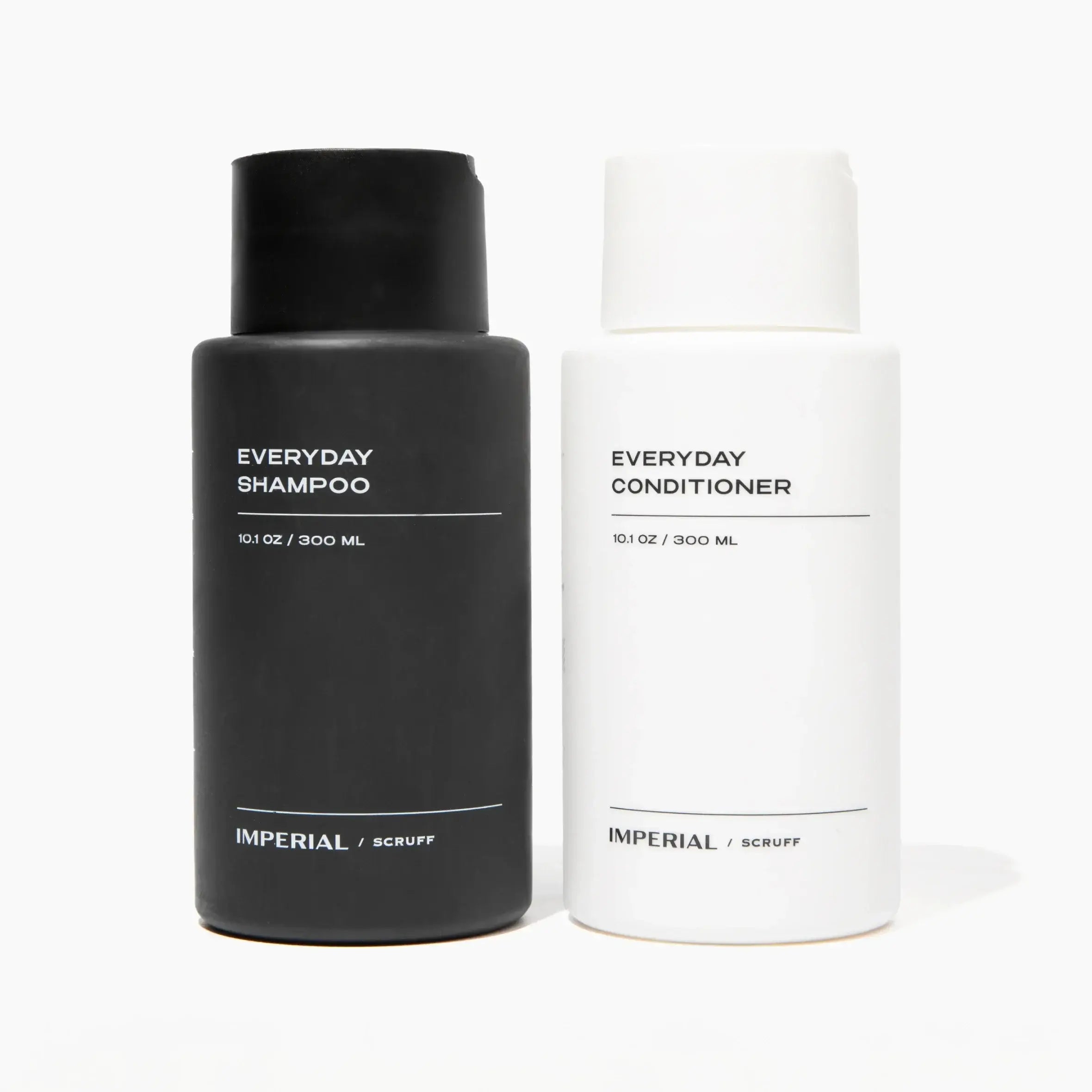 Black 'Everyday Shampoo' and white 'Everyday Conditioner' bottles by Imperial Scruff on a white background