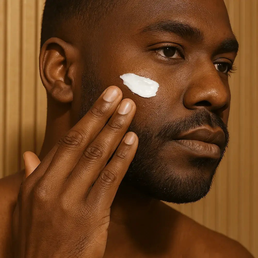 Man applying cream to his face with a neutral background