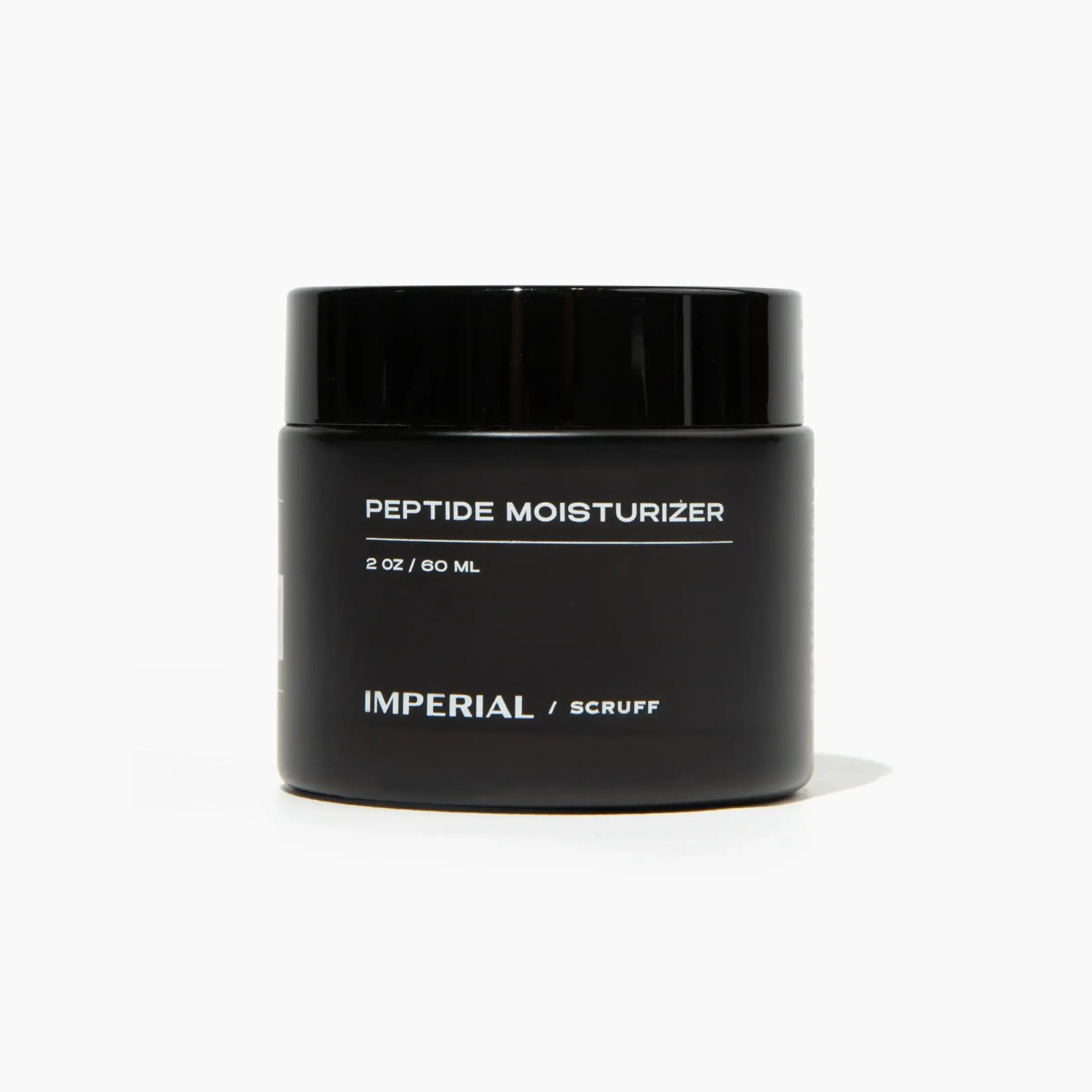 Black jar of peptide moisturizer with 'Imperial Scruff' branding on a white background